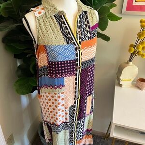 Anthropologie Orange and Blue Asymmetrical Buttoned Sundress